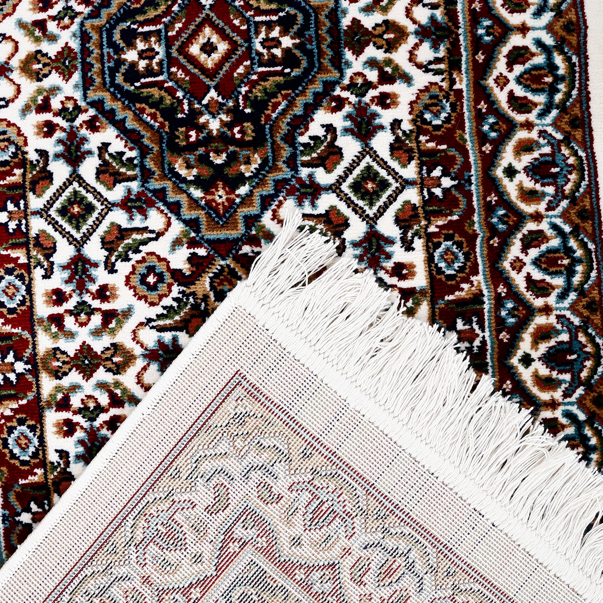 Corner and fringed edge detail of Ivory Triple Medallion Machine Woven Classic Art Silk Runner Rug