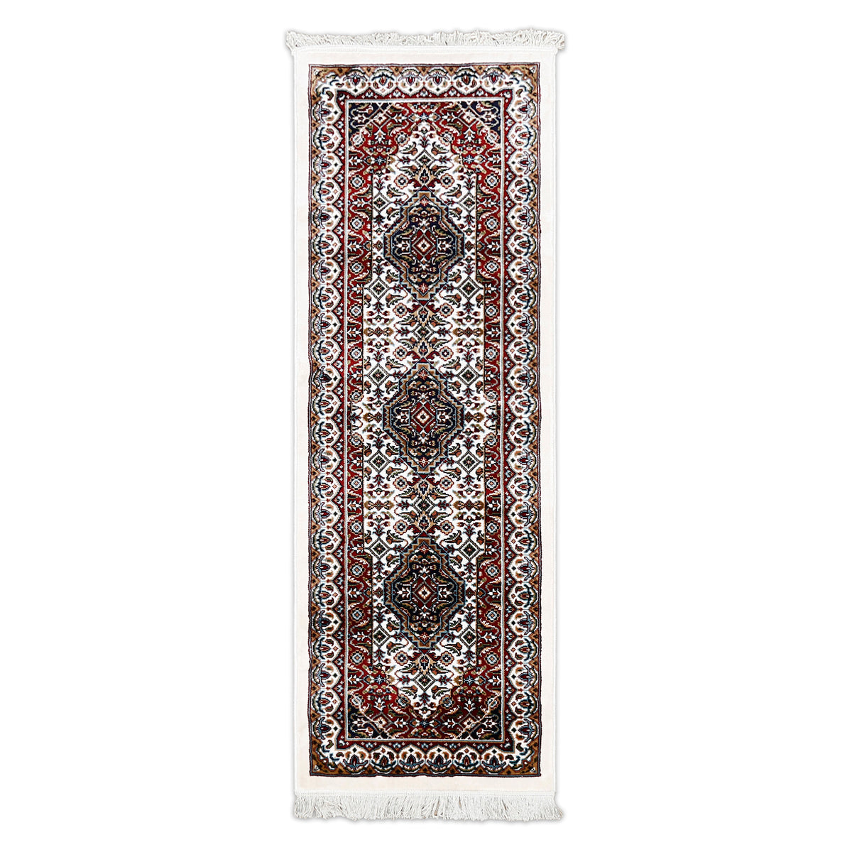 Full view of Ivory Machine Woven Classic Art Silk Runner Rug with three geometric medallions and rich red ornamental border
