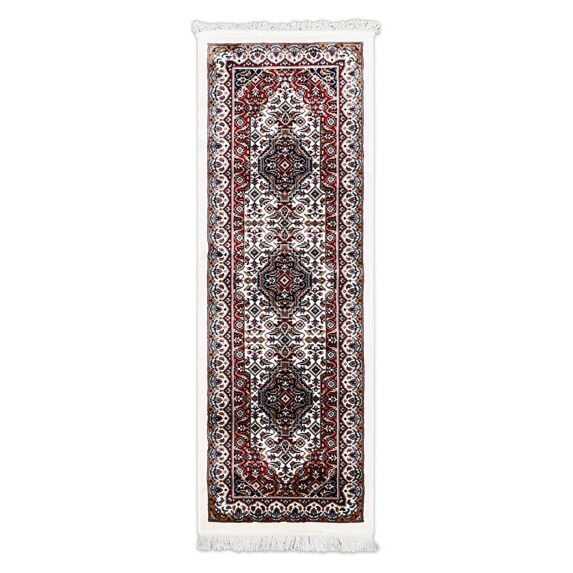 Full view of Ivory Machine Woven Classic Art Silk Runner Rug with three geometric medallions and rich red ornamental border
