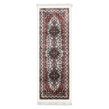 Full view of Ivory Machine Woven Classic Art Silk Runner Rug with three geometric medallions and rich red ornamental border