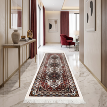 Ivory Triple Medallion Machine Woven Classic Art Silk Runner Rug styled in an elegant hallway by Khushi Living