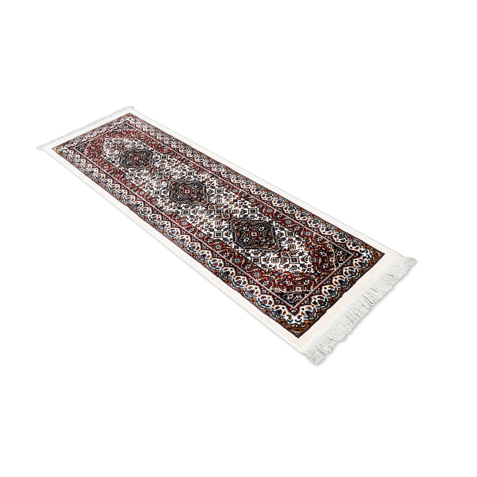 Side angle view of Ivory Triple Medallion Machine Woven Classic Art Silk Runner Rug by Khushi Living
