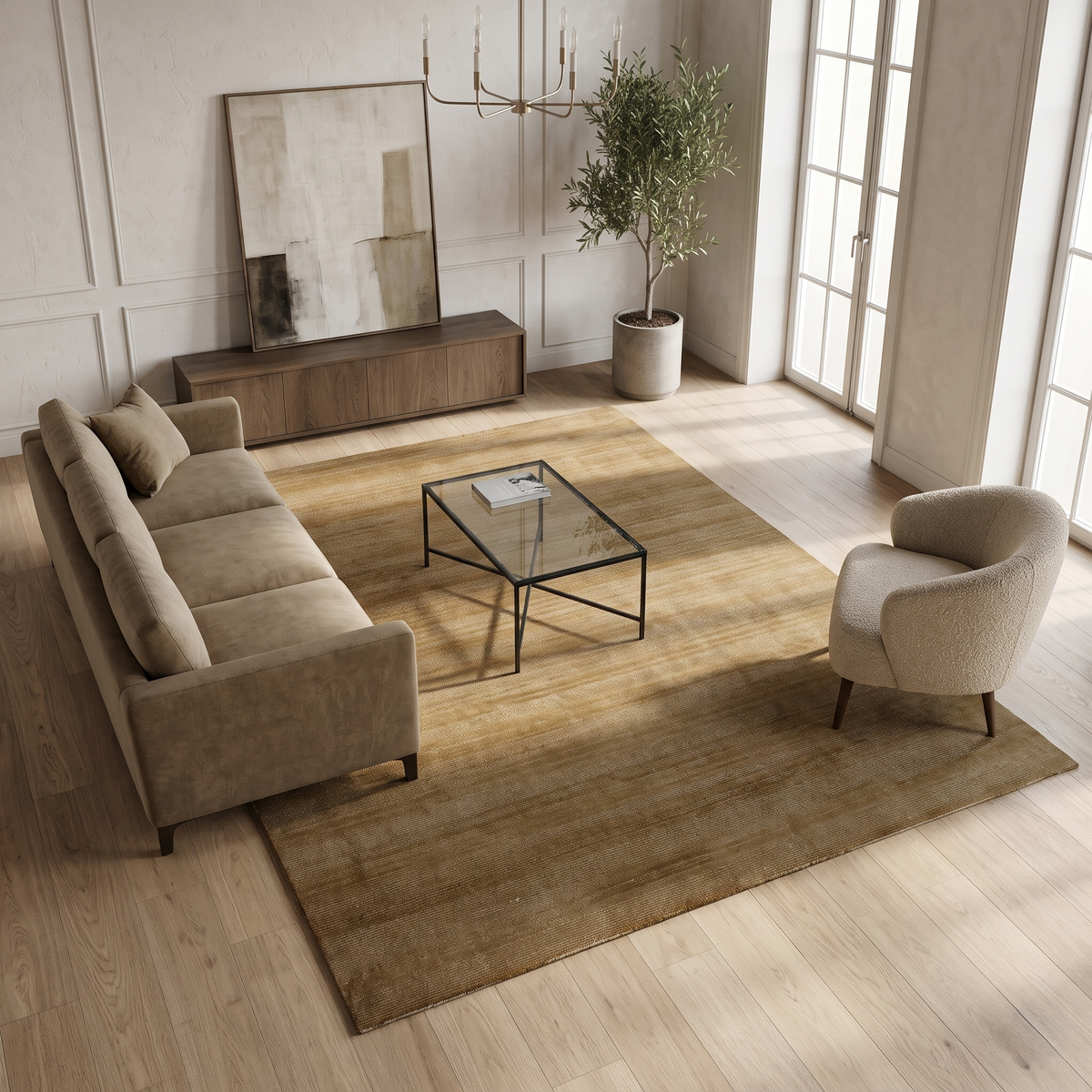 Light Beige Hand Woven Loom Lori wool rug styled in a modern living room with neutral furniture, wooden flooring and natural daylight.