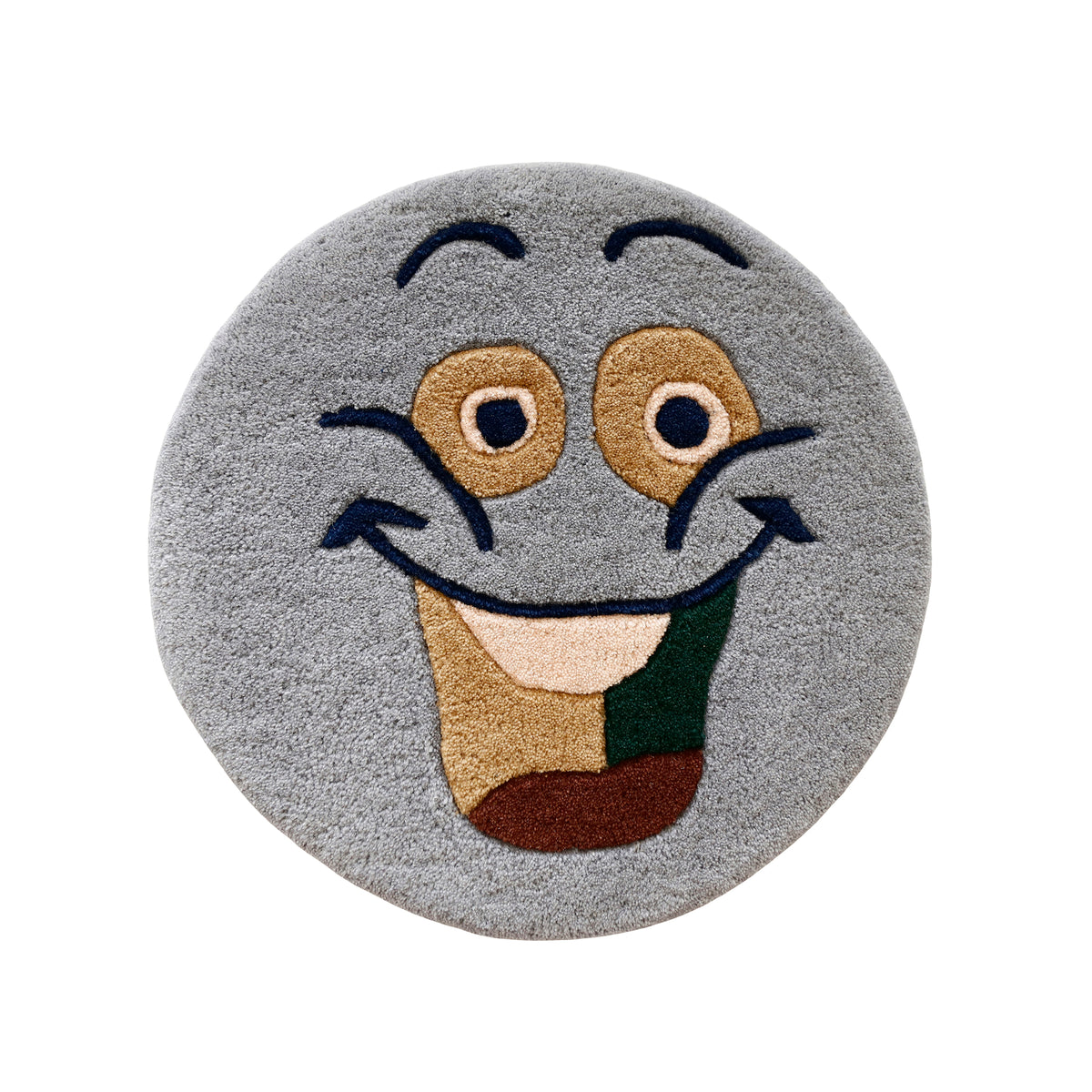 Full view of light blue round hand tufted wool kids rug featuring a cheerful smiley face with navy blue, camel brown, cream, green and rust details.