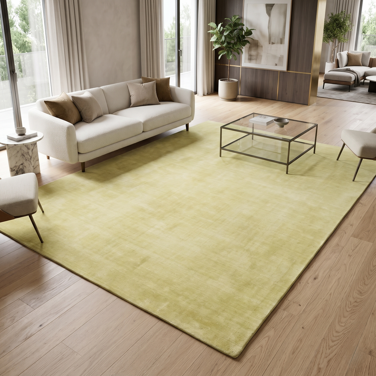 Light green hand woven Loom Lori wool rug styled in a modern living room with neutral seating, wooden flooring and a glass coffee table.