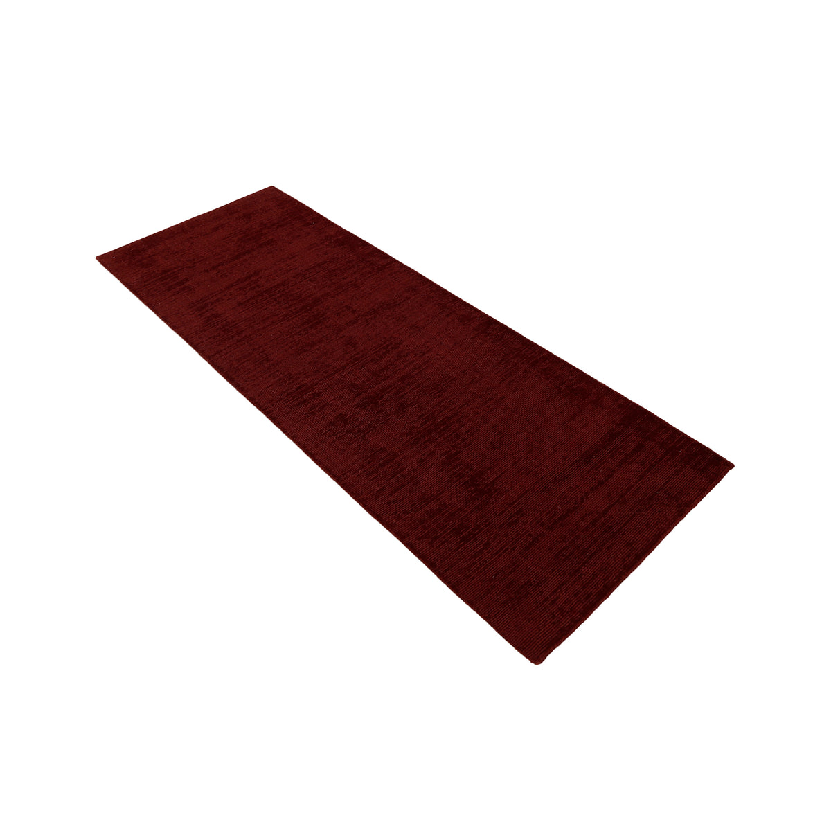 Angled view of Maroon Hand Woven Loom Lori runner wool rug showing its elongated shape and rich textured surface.