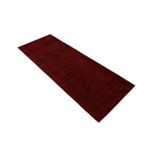 Angled view of Maroon Hand Woven Loom Lori runner wool rug showing its elongated shape and rich textured surface.