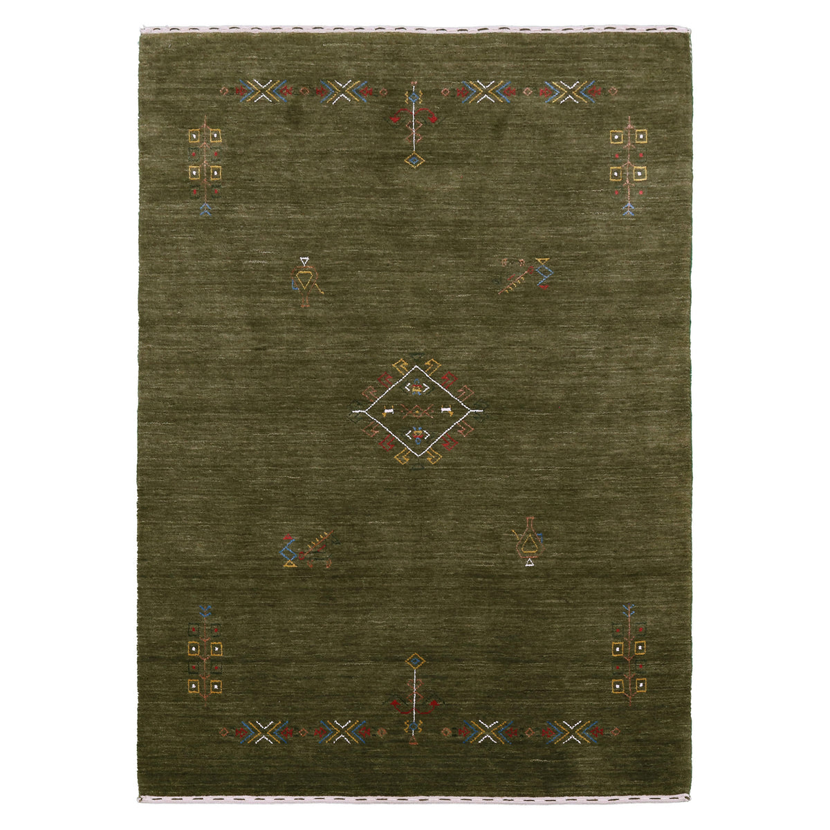 Full view of olive green Hand Woven Loom Lori wool rug with central diamond medallion and multicolour geometric folk motifs