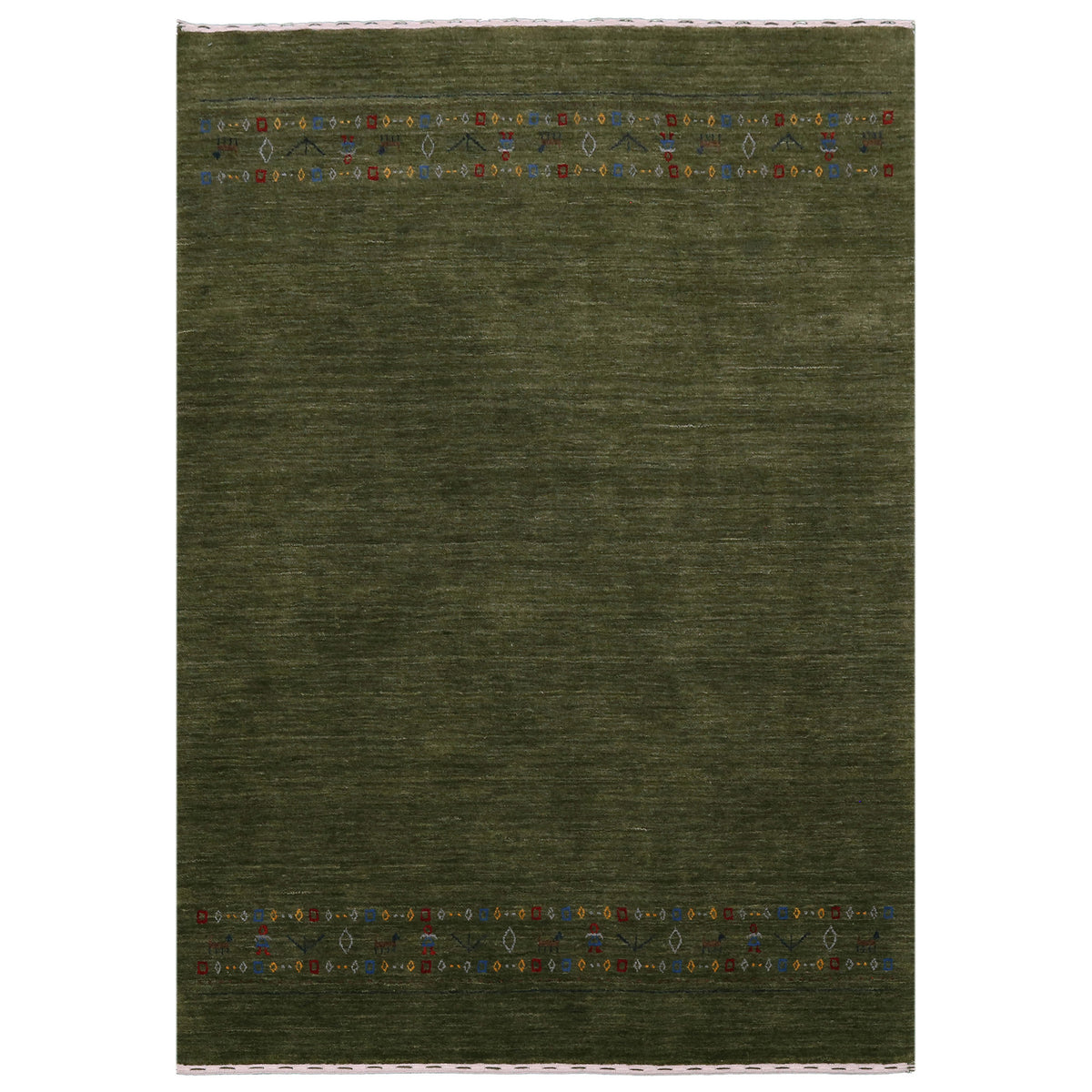 Full view of olive green Hand Woven Loom Lori wool rug with spacious plain centre and decorative tribal motif bands