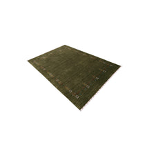 Side perspective of olive green Hand Woven Loom Lori wool rug highlighting natural wool texture and refined tribal border design
