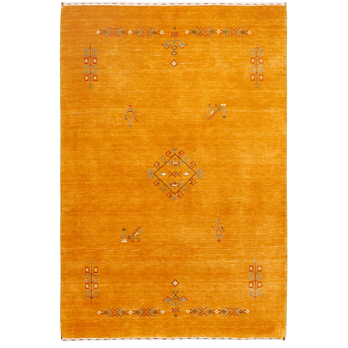 Full view of golden ochre Hand Woven Loom Lori wool rug with central diamond medallion and geometric folk motifs