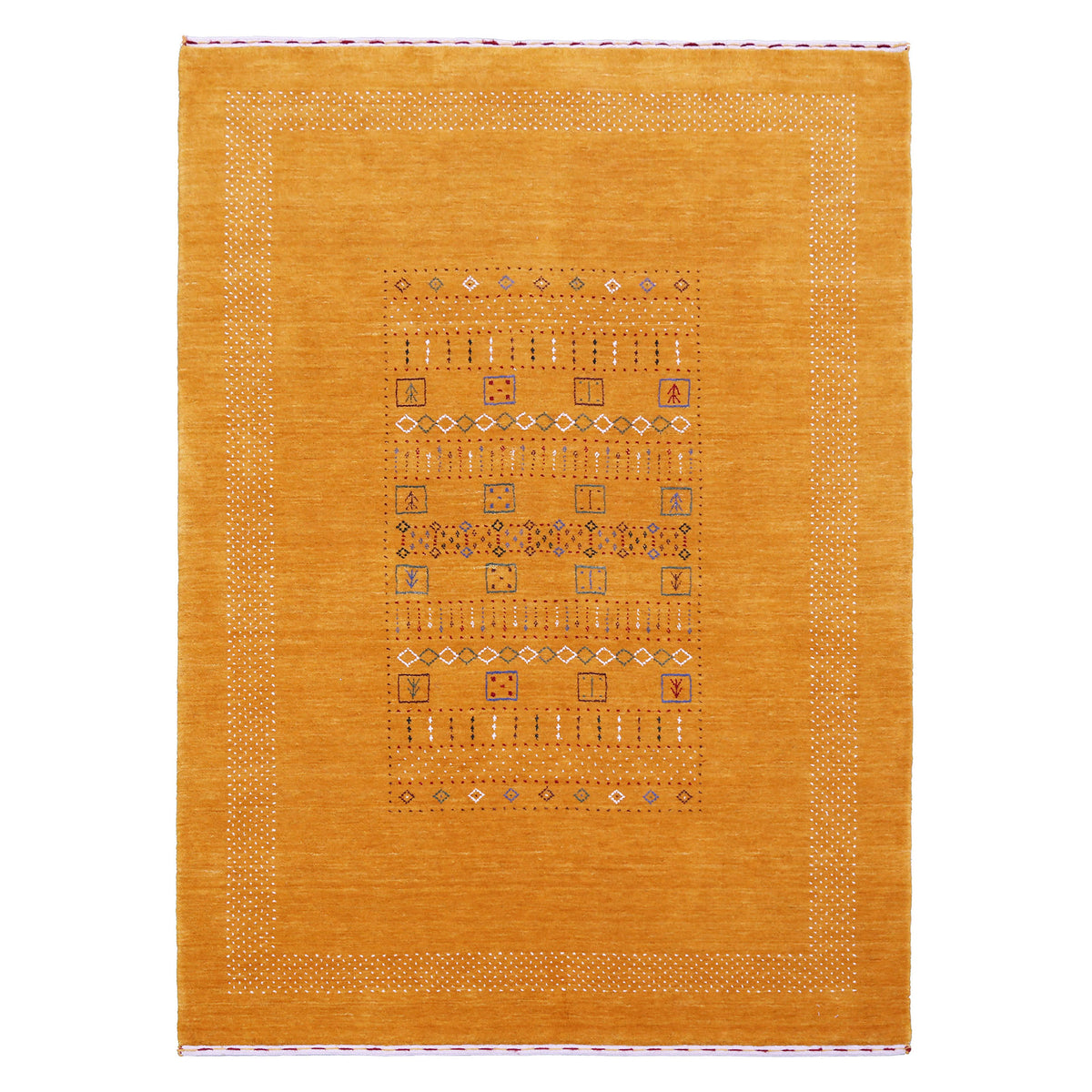 Full view of mustard yellow Hand Woven Loom Lori wool rug with multicolour tribal geometric motifs and decorative border