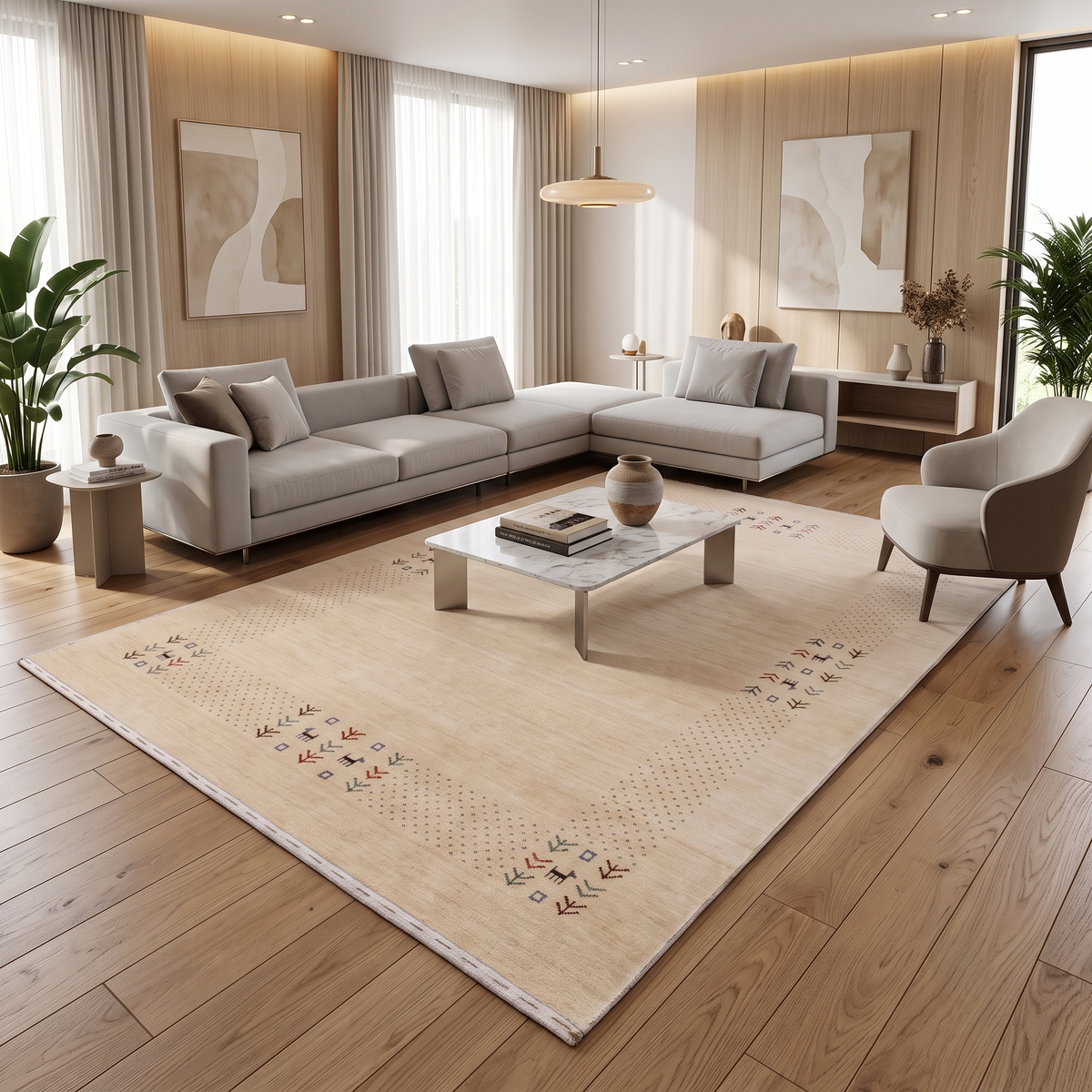 Natural beige Hand Woven Loom Lori wool rug with dotted tribal folk border styled in an elegant neutral living room