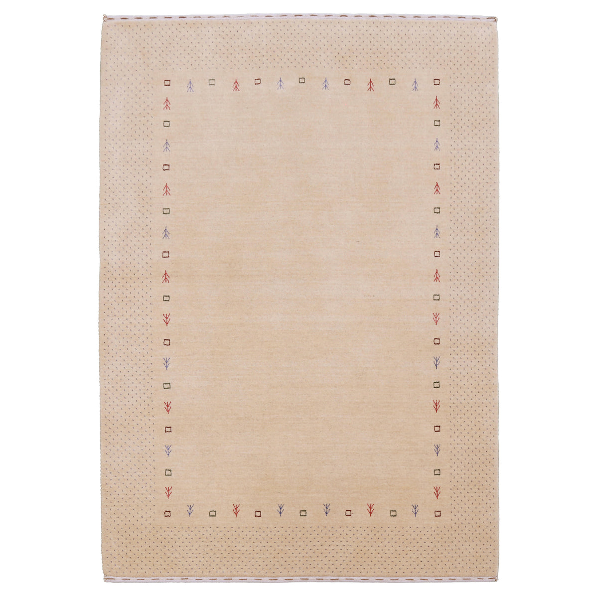 Full view of beige Hand Woven Loom Lori wool rug with spacious centre, small multicolour tribal symbols and dotted border