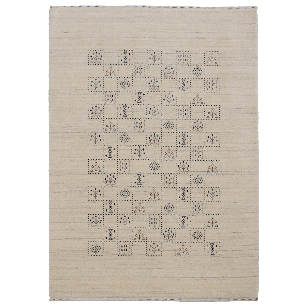 Full view of ivory beige Hand Woven Loom Lori wool rug with central dotted panels and geometric tribal motifs