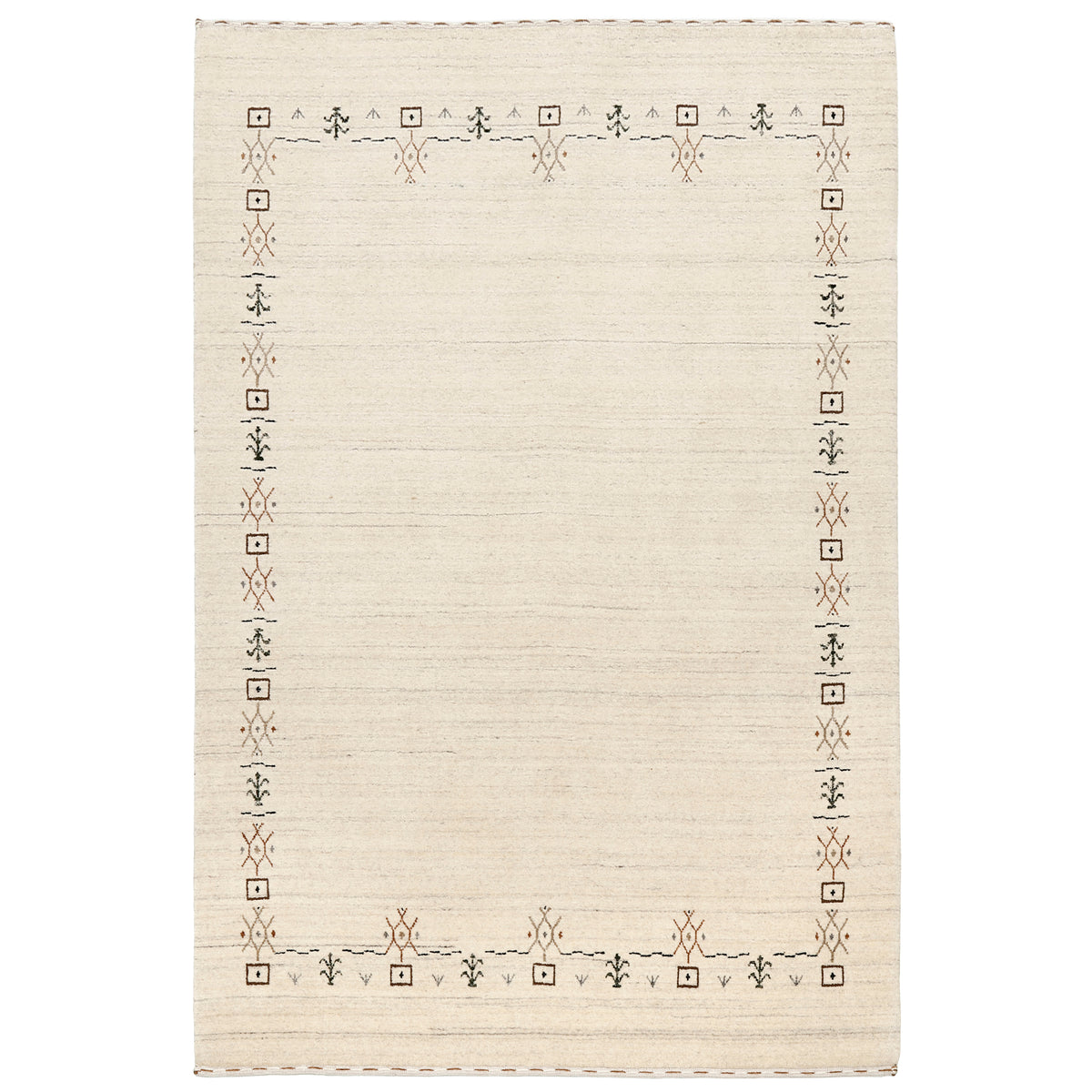 Full view of ivory Hand Woven Loom Lori wool rug with spacious open centre and minimal geometric tribal border