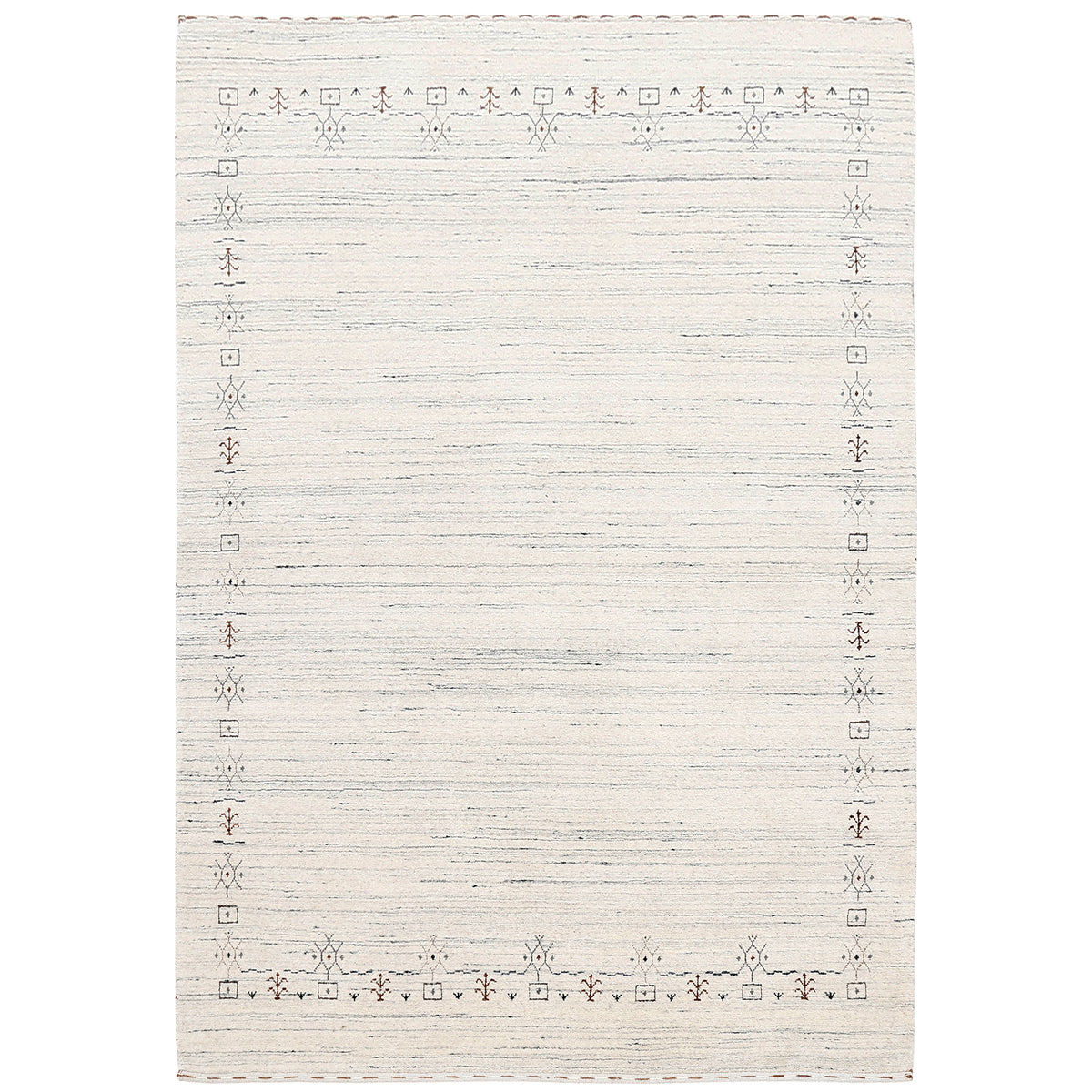 Full view of ivory Hand Woven Loom Lori wool rug with grey striations, spacious open centre and minimal tribal border