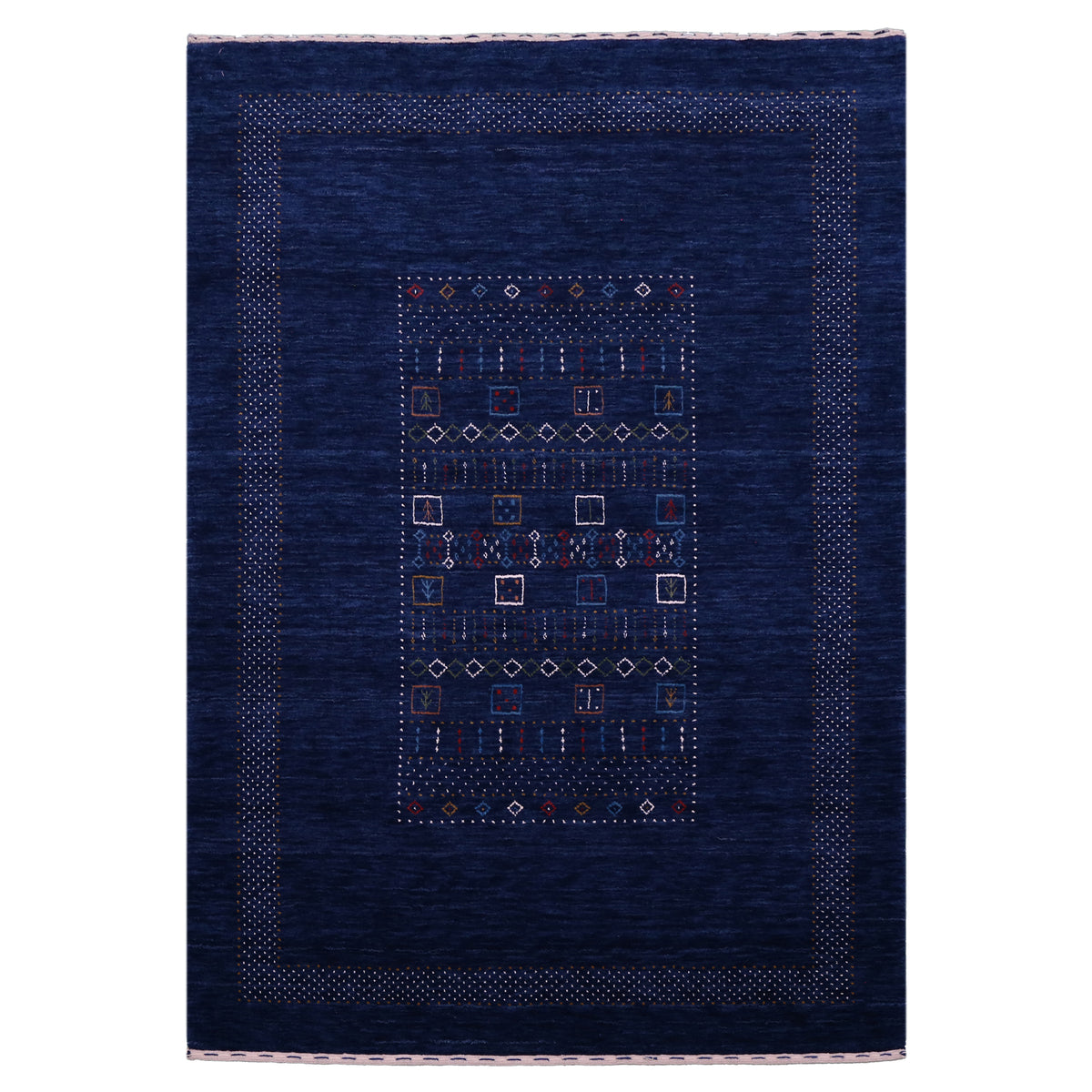Full view of navy blue Hand Woven Loom Lori wool rug with multicolour tribal geometric motifs and decorative border