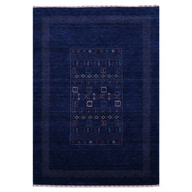 Full view of navy blue Hand Woven Loom Lori wool rug with multicolour tribal geometric motifs and decorative border