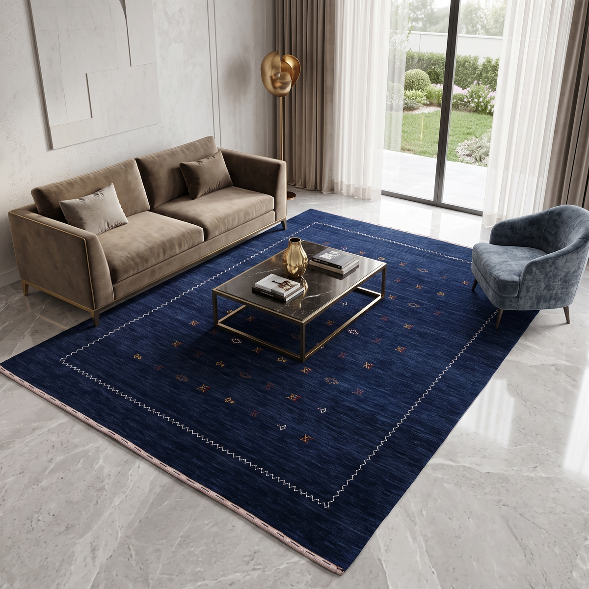 Navy blue Hand Woven Loom Lori wool rug with scattered tribal motifs and ivory zigzag border styled in an elegant living room