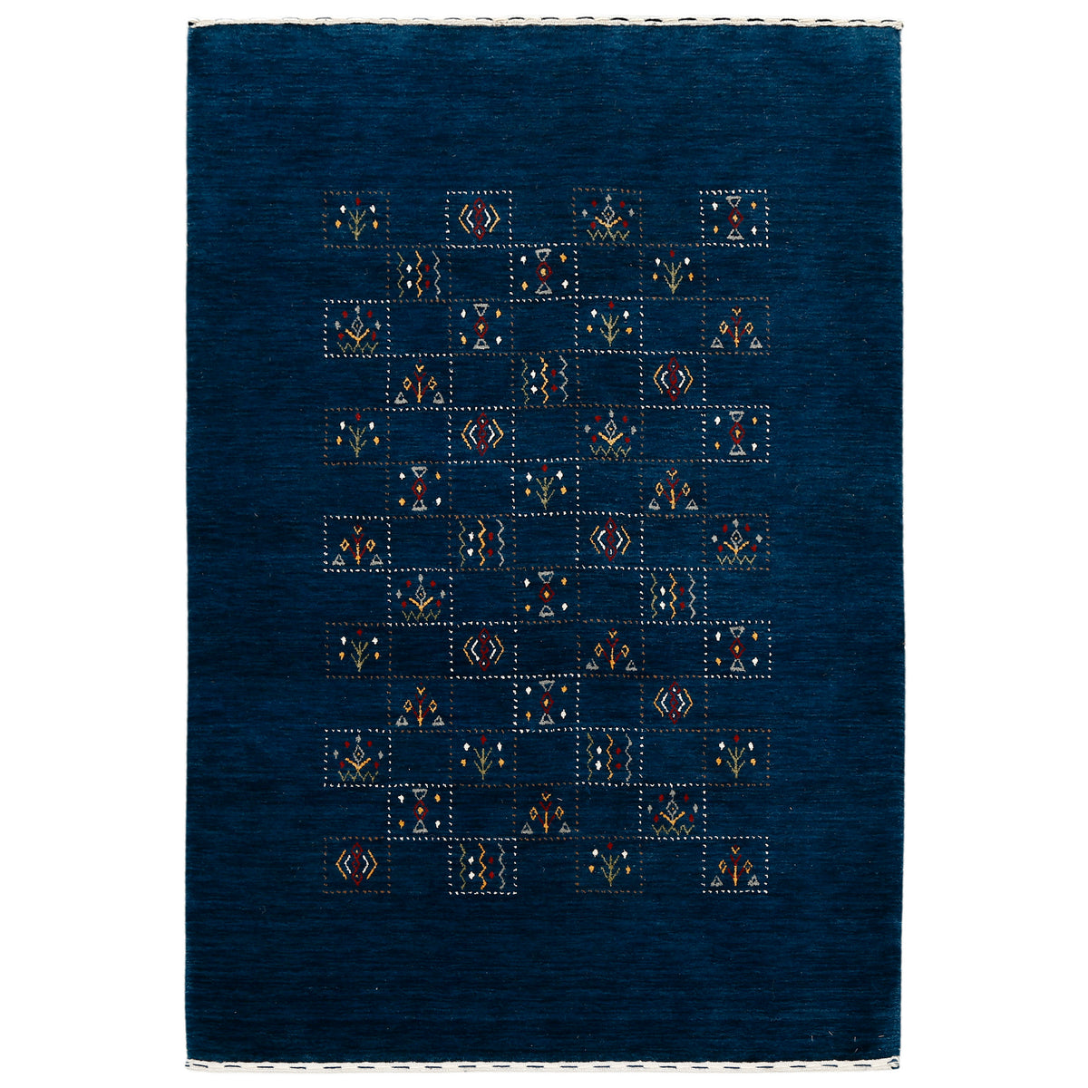 Full view of deep navy blue Hand Woven Loom Lori wool rug with central dotted panel design and folk-inspired geometric motifs