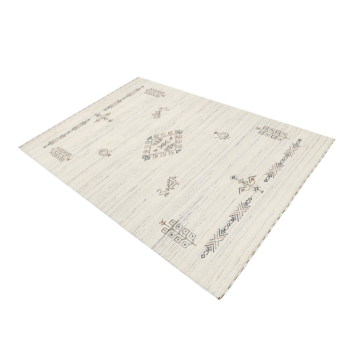 Side perspective of ivory cream Hand Woven Loom Lori wool rug highlighting handcrafted texture and central tribal medallion design