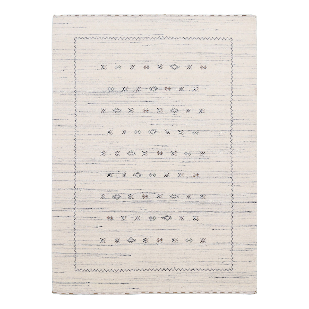 Full view of ivory Hand Woven Loom Lori wool rug with central tribal motifs and soft horizontal striations