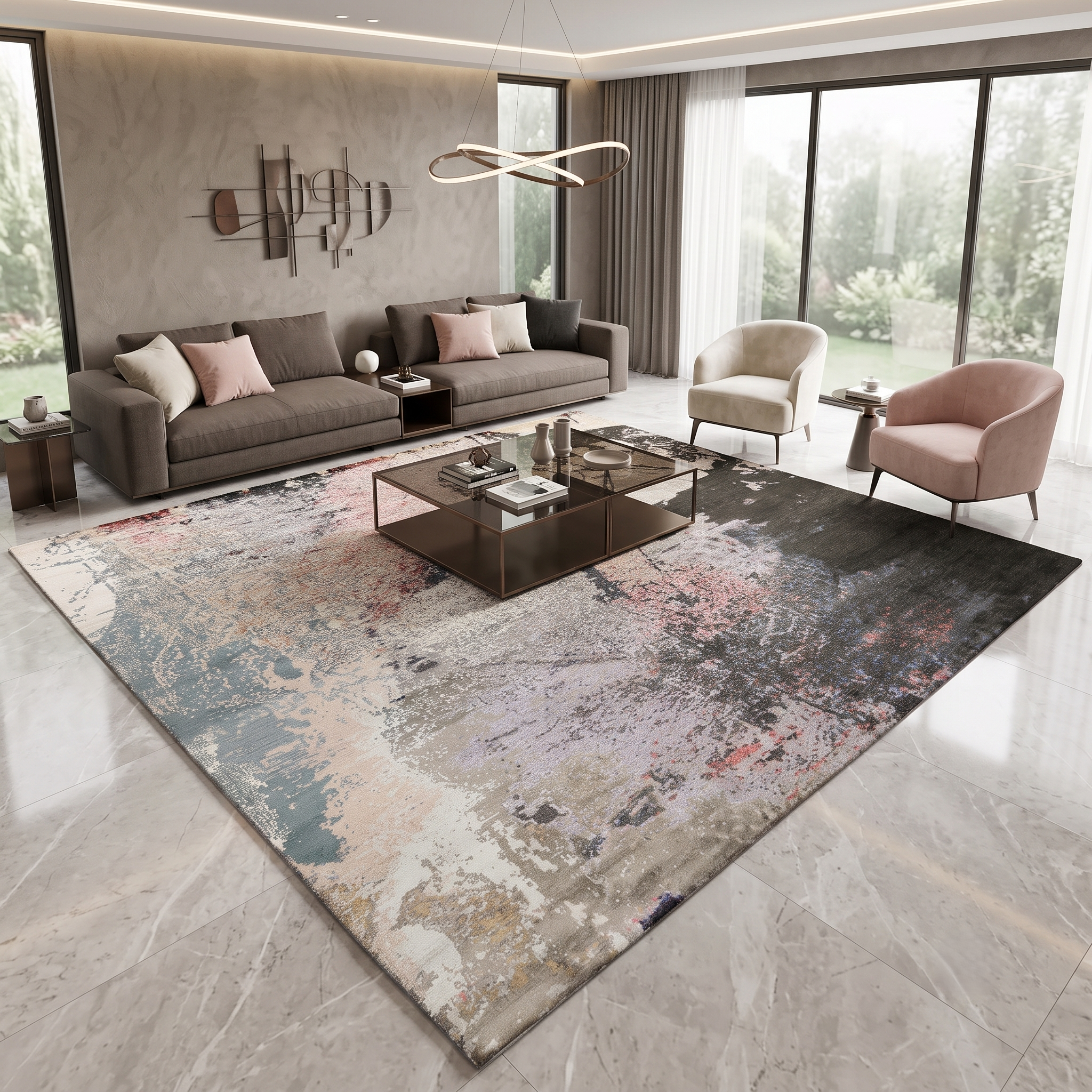 Noir Blush hand knotted modern wool and viscose rug displayed in a contemporary luxury living room