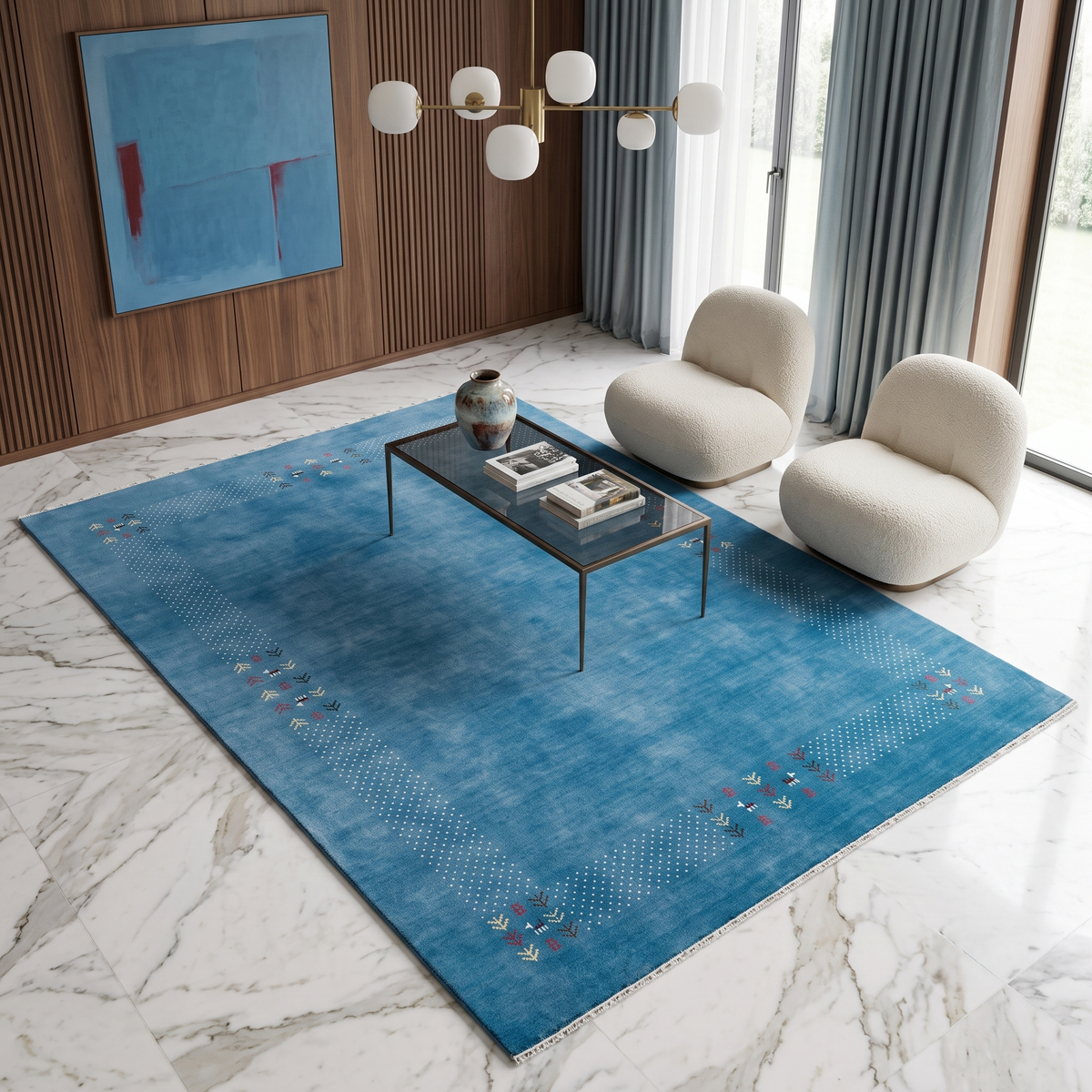 Ocean blue Hand Woven Loom Lori wool rug with ivory dotted tribal folk border styled in a contemporary living room