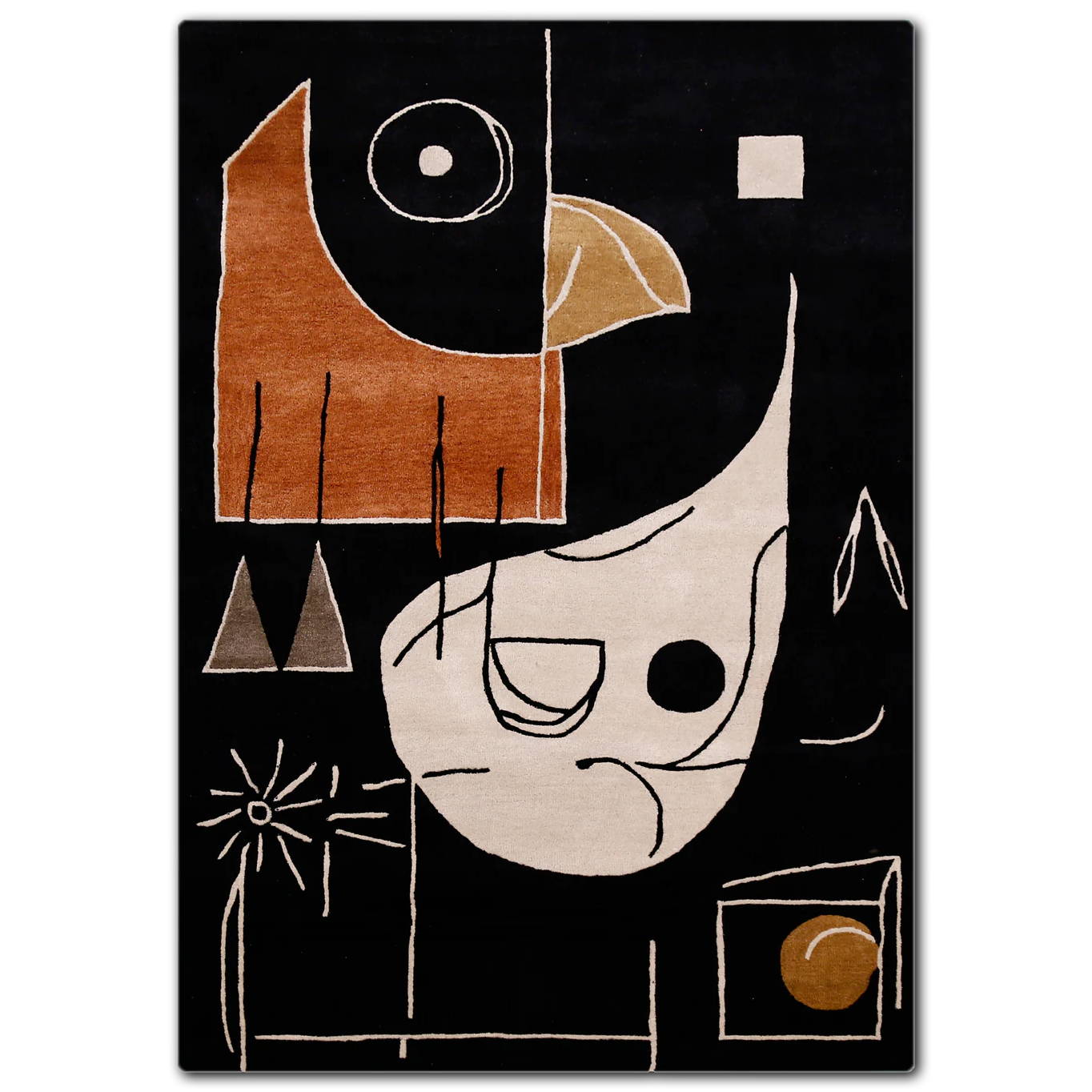 Ochre Mosaic abstract hand tufted wool wall rug in black, rust, beige and tan
