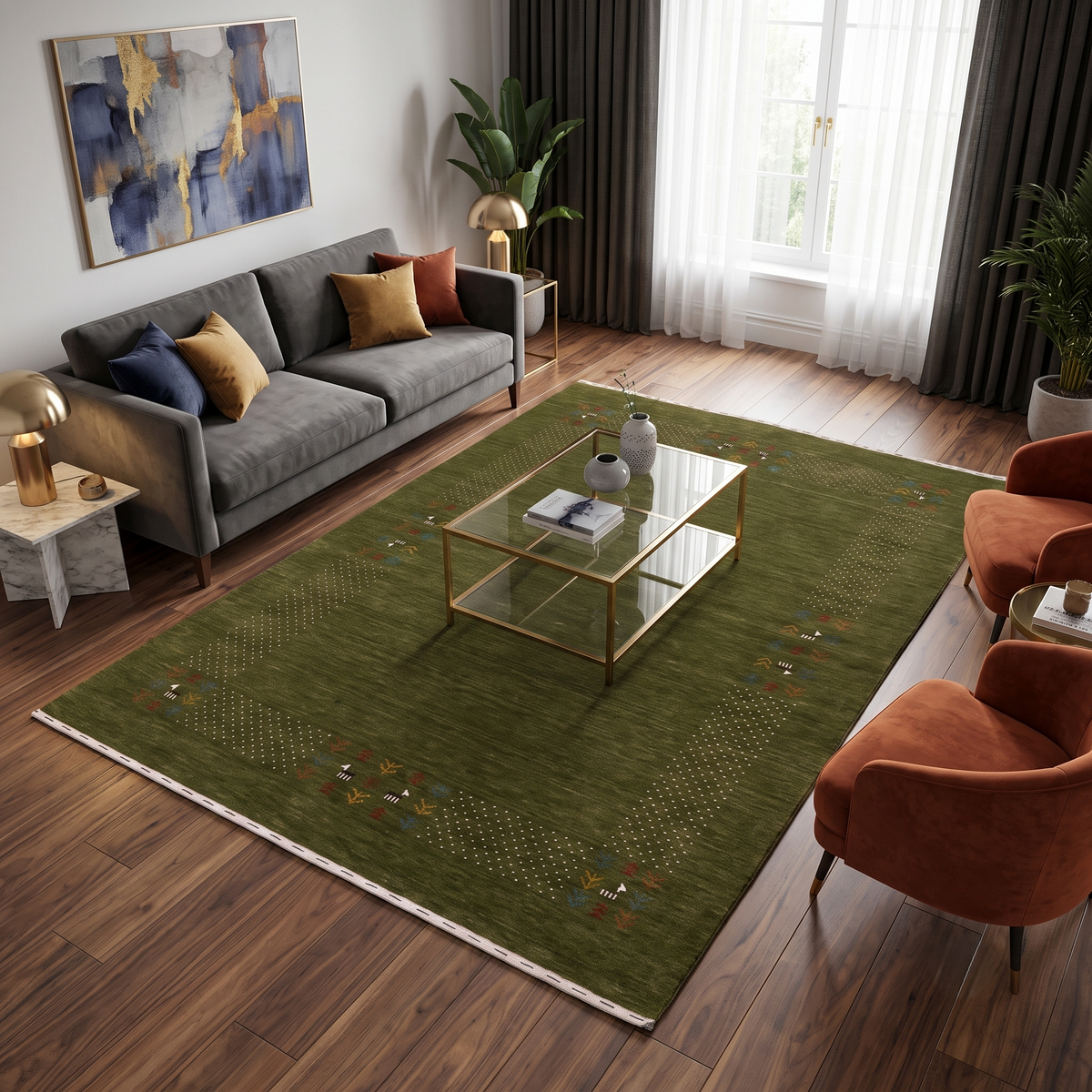 Olive green Hand Woven Loom Lori wool rug with ivory dotted folk border styled in an earthy contemporary living room