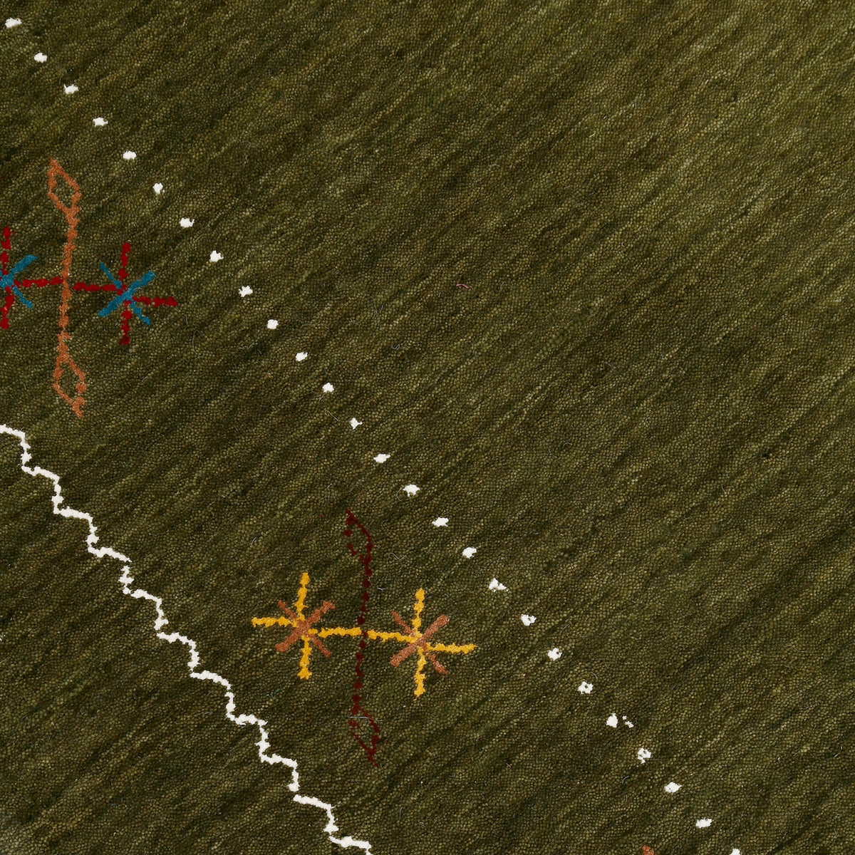 Close-up texture of olive green Hand Woven Loom Lori wool rug showing natural wool fibres and delicate multicolour floral detailing