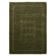 Full view of olive green Hand Woven Loom Lori wool rug with multicolour tribal geometric motifs and decorative border