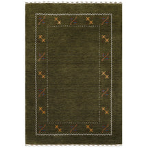 Full view of olive green Hand Woven Loom Lori wool rug with multicolour floral motifs and delicate geometric border