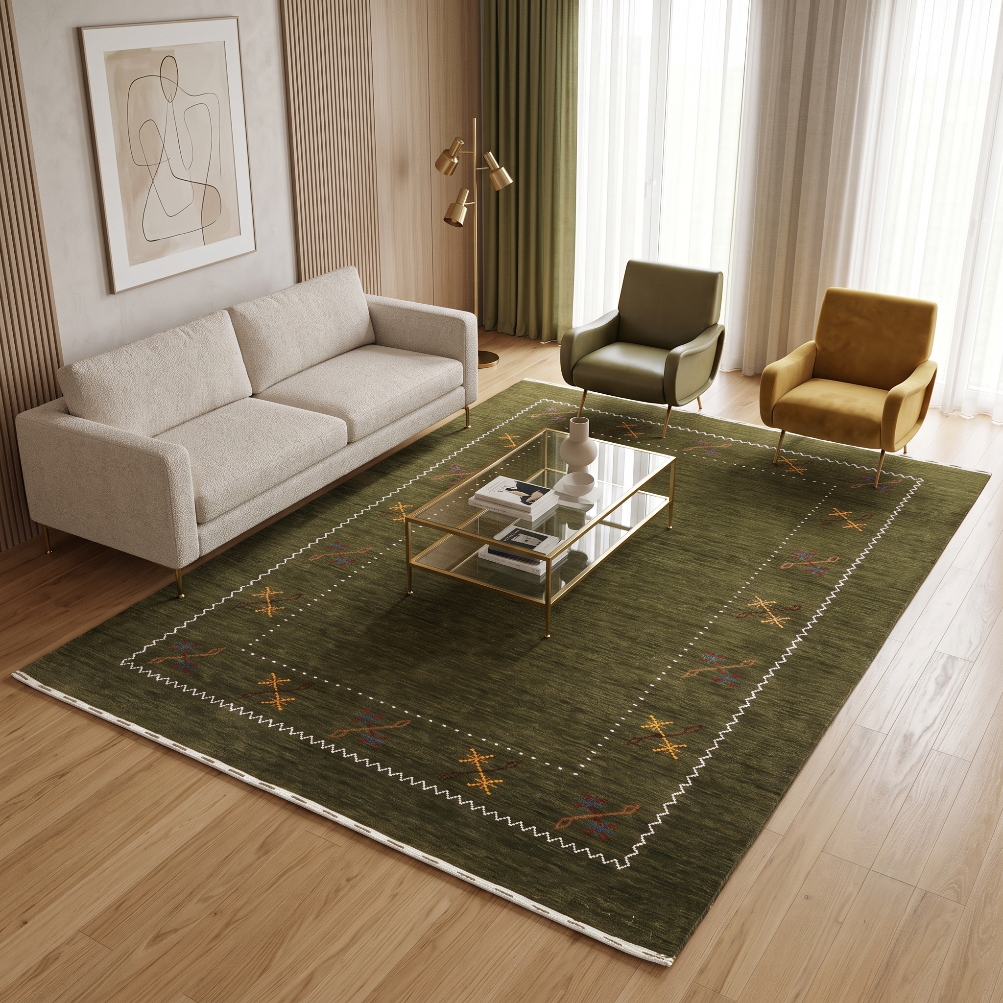 Olive green Hand Woven Loom Lori wool rug with minimal floral border design styled in an elegant contemporary living room