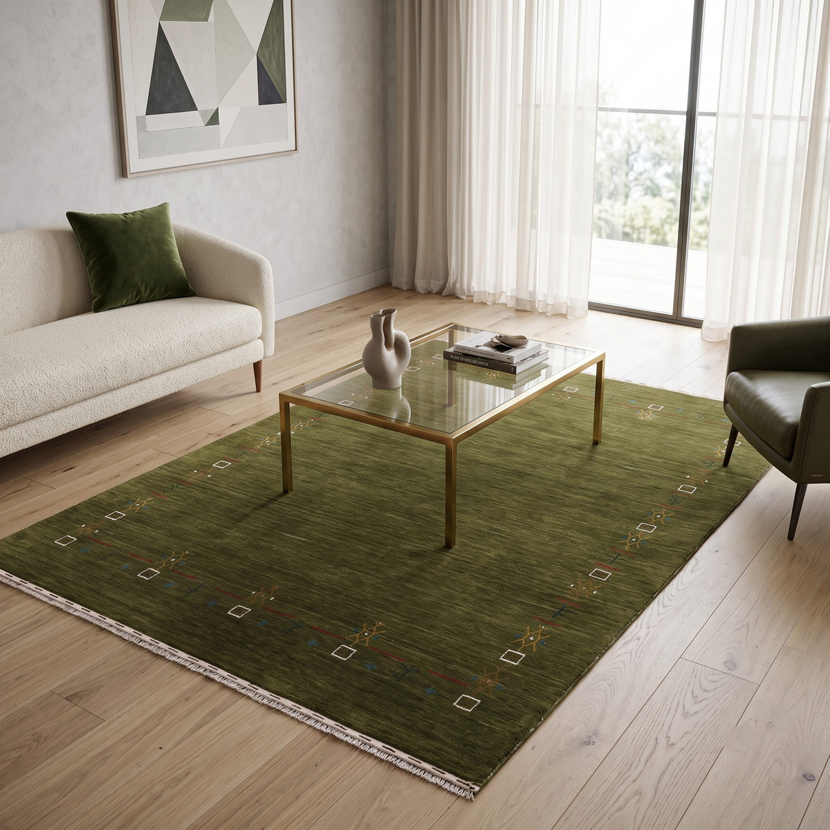 Olive green Hand Woven Loom Lori wool rug with minimal tribal border styled in an earthy contemporary living room