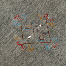 Close-up of olive grey Hand Woven Loom Lori wool rug showing natural wool texture, diamond detailing and multicolour tribal motifs
