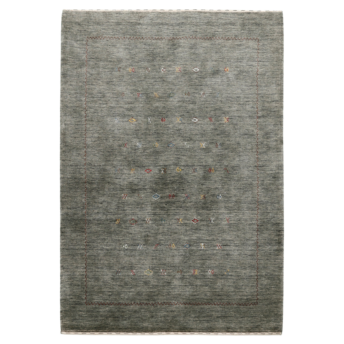 Full view of slate grey Hand Woven Loom Lori wool rug with horizontal rows of multicolour geometric motifs and zigzag border