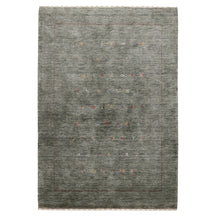 Full view of slate grey Hand Woven Loom Lori wool rug with horizontal rows of multicolour geometric motifs and zigzag border