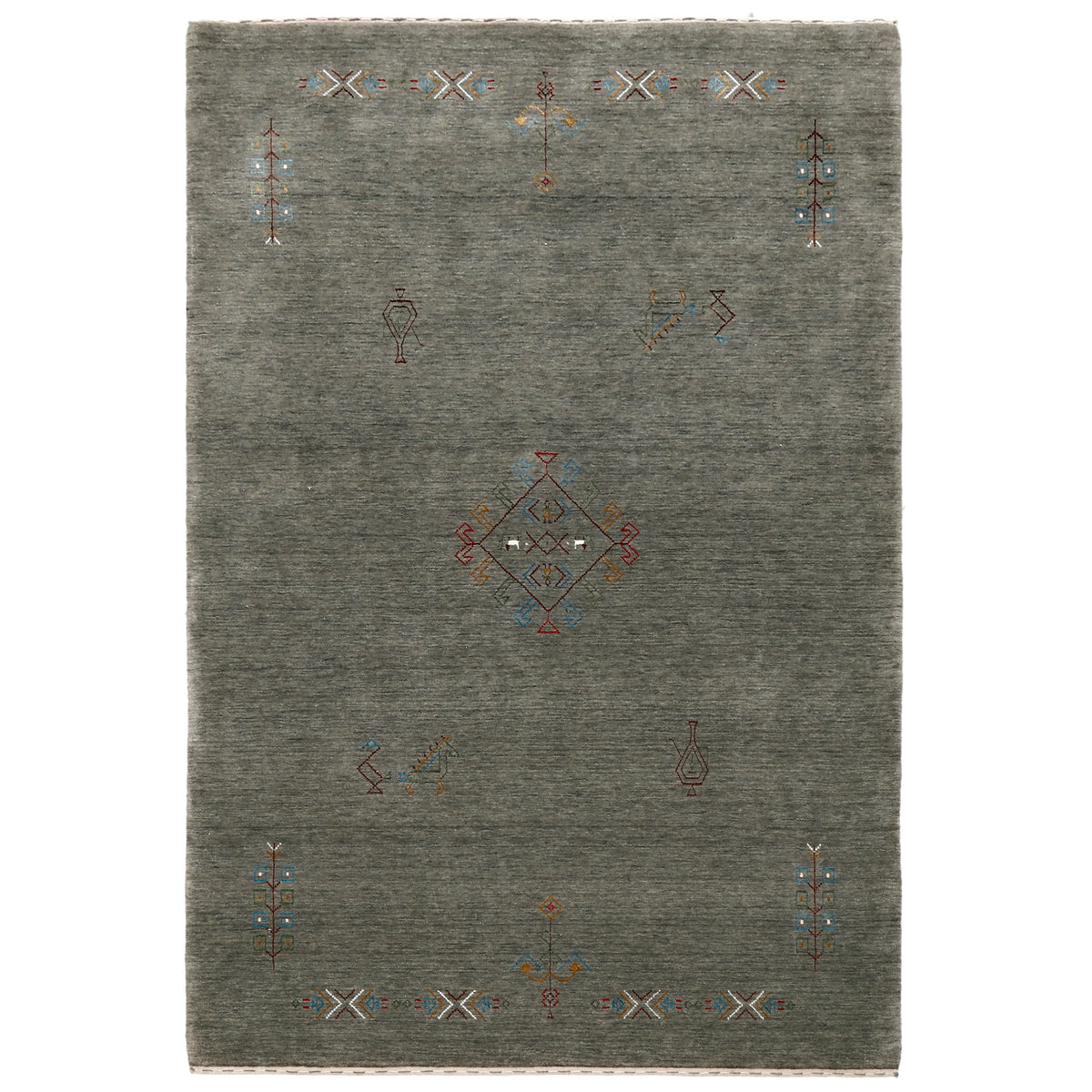 Full view of olive grey Hand Woven Loom Lori wool rug with central diamond medallion and geometric folk motifs