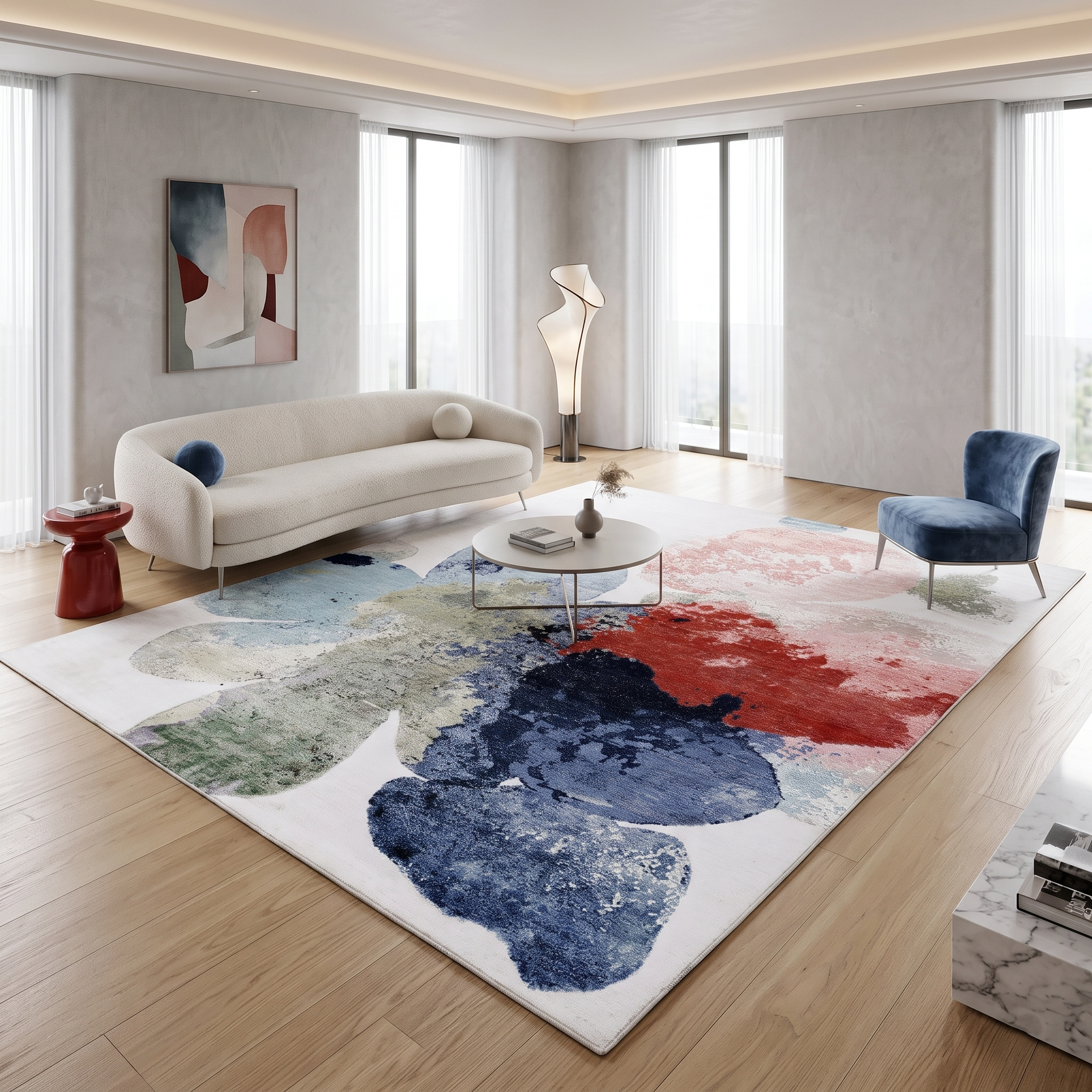 Pastel Bloom hand knotted viscose rug displayed in a contemporary modern living room