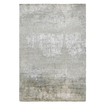 Pearl mist abstract hand knotted wool and viscose rug with grey ivory beige and taupe distressed detailing