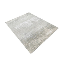 Pearl mist abstract hand knotted wool and viscose rug with grey ivory beige and taupe distressed detailing