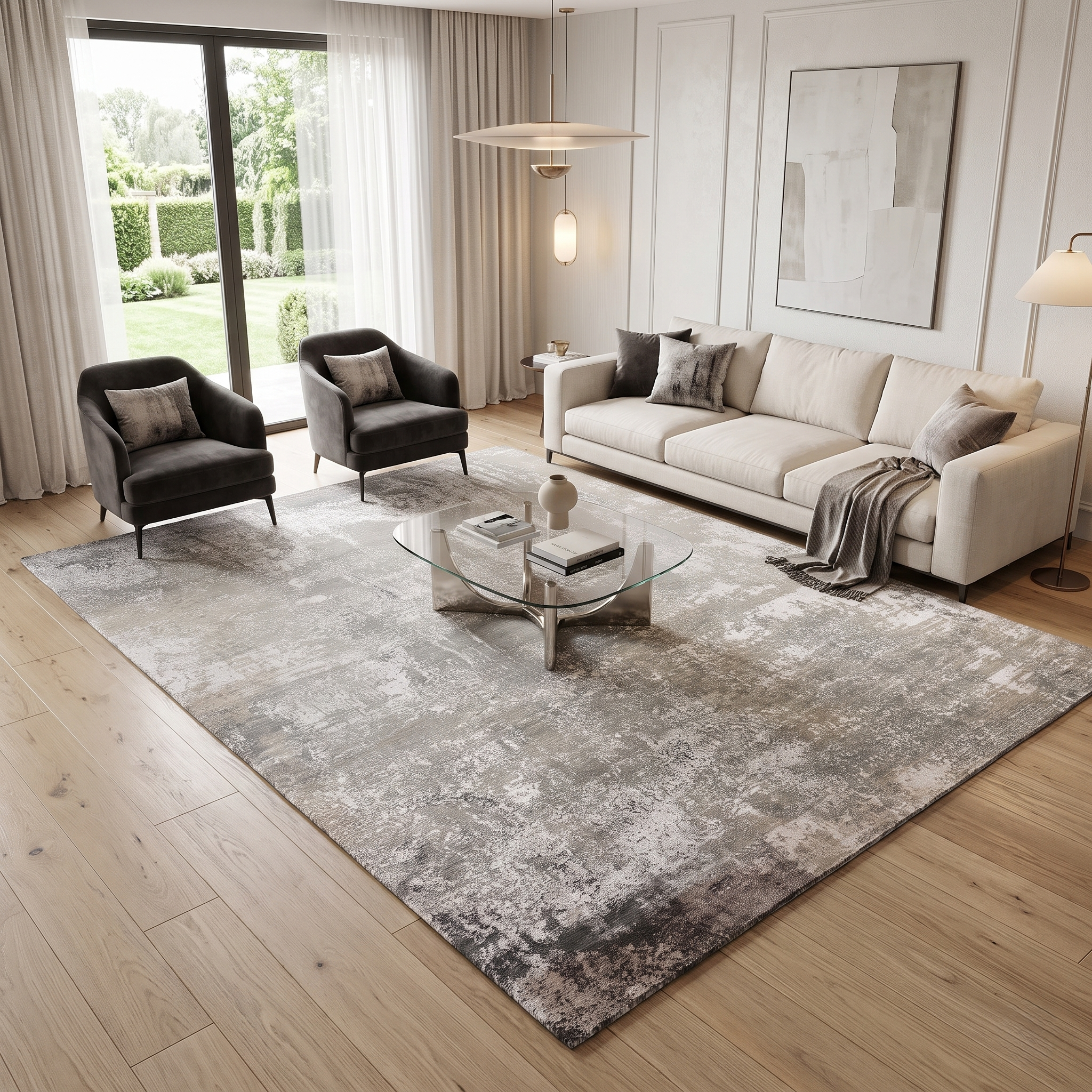 Pearl Sand hand knotted modern wool and viscose rug displayed in a contemporary neutral living room