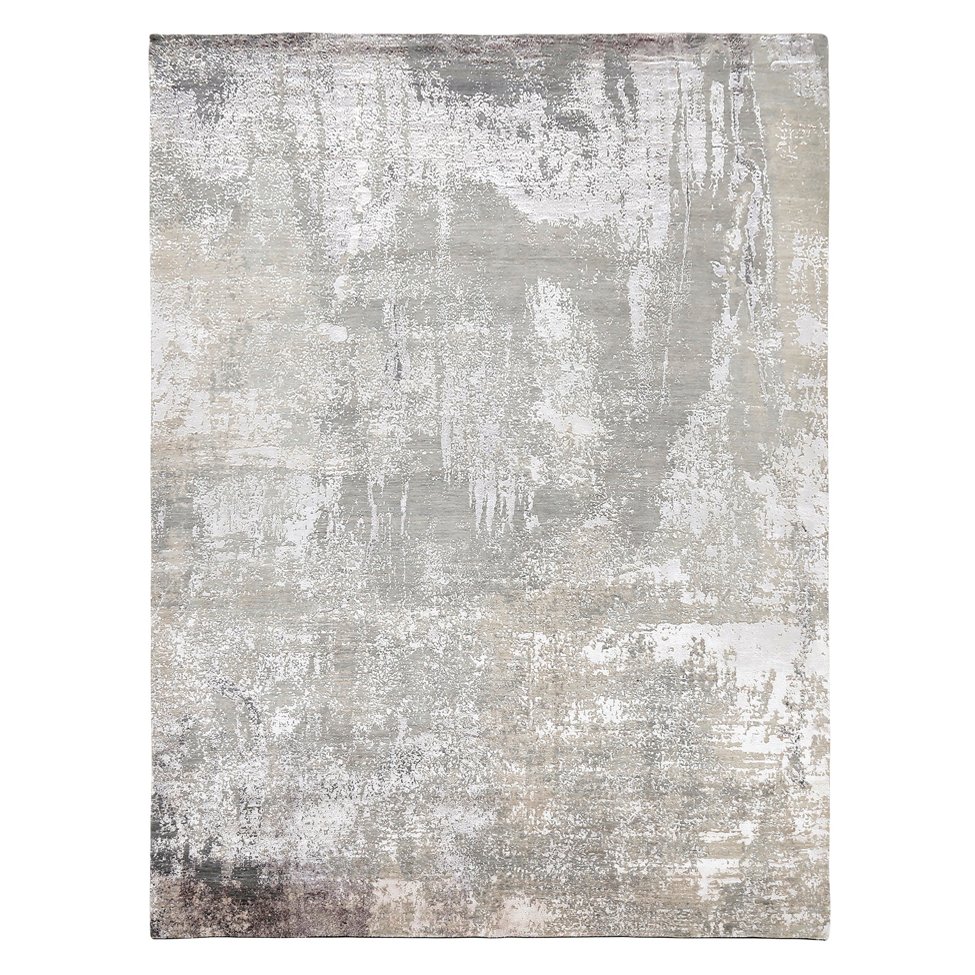 Pearl Sand hand knotted modern rug in ivory beige taupe and silver grey abstract distressed design