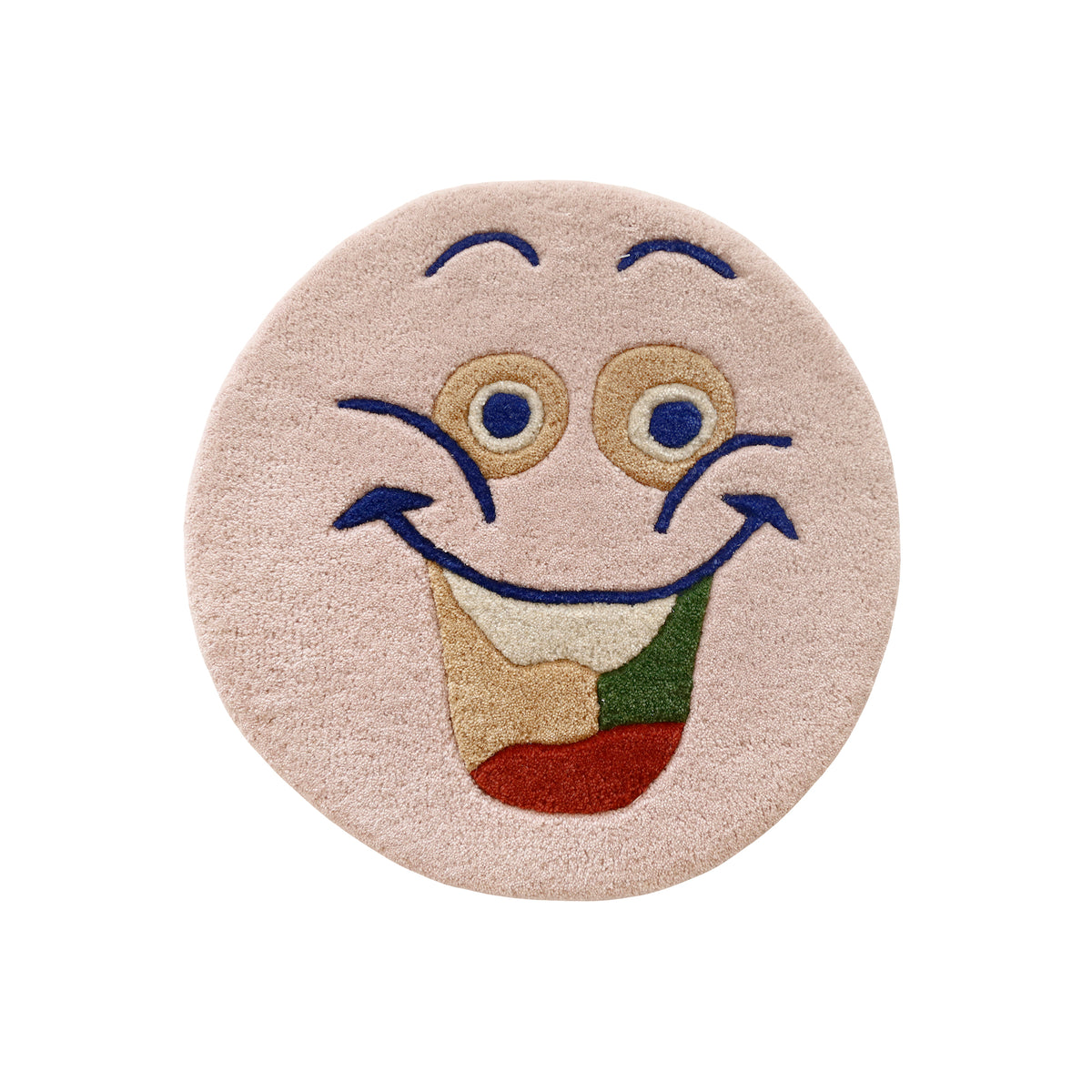 Full view of pink round hand tufted wool kids rug featuring a cheerful cartoon face with navy blue, beige, ivory, green and rust details.