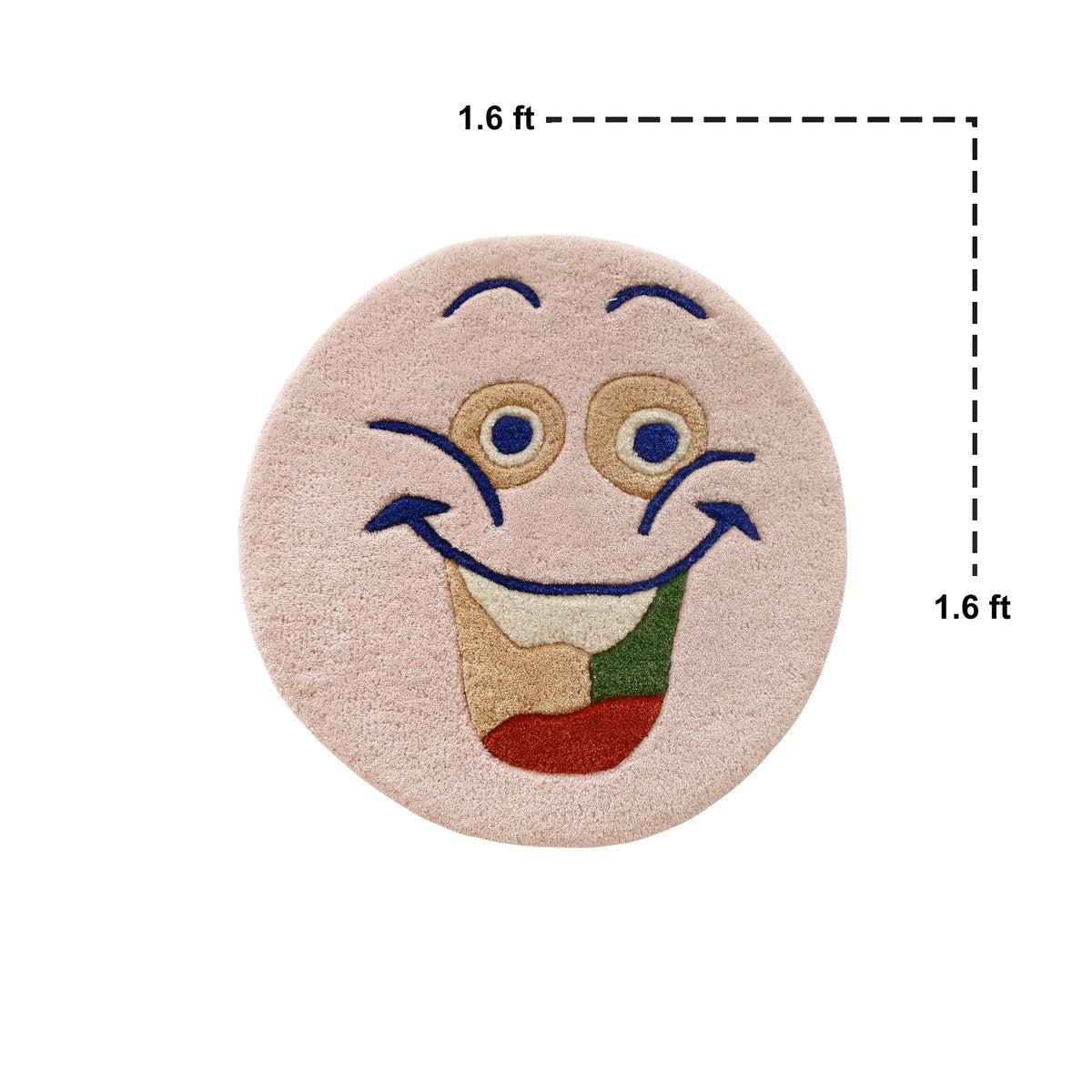 Close-up of pink cheerful face hand tufted wool kids rug highlighting its soft wool texture, plush pile and raised colourful facial details.