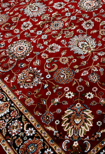 Close-up texture of Red Machine Woven Classic Art Silk Rug showing detailed floral motifs and smooth surface