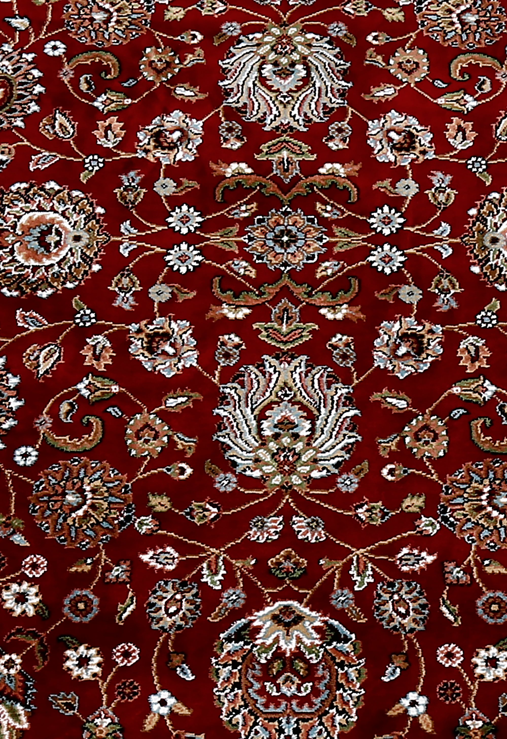 Close-up texture of Red Machine Woven Classic Art Silk Rug showing detailed floral motifs and smooth surface