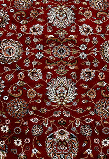 Close-up texture of Red Machine Woven Classic Art Silk Rug showing detailed floral motifs and smooth surface
